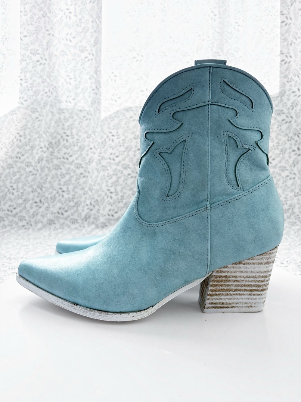 Beast Fashion Turquoise Western Ankle Boots Womens 8 Block Heel Zip Booties